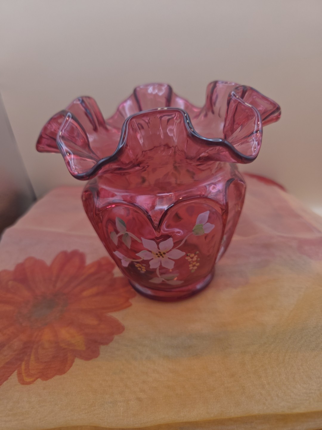 Fenton Cranberry Glass Ruffled Vase Hand Painted Signed P. Fleck – 1990s