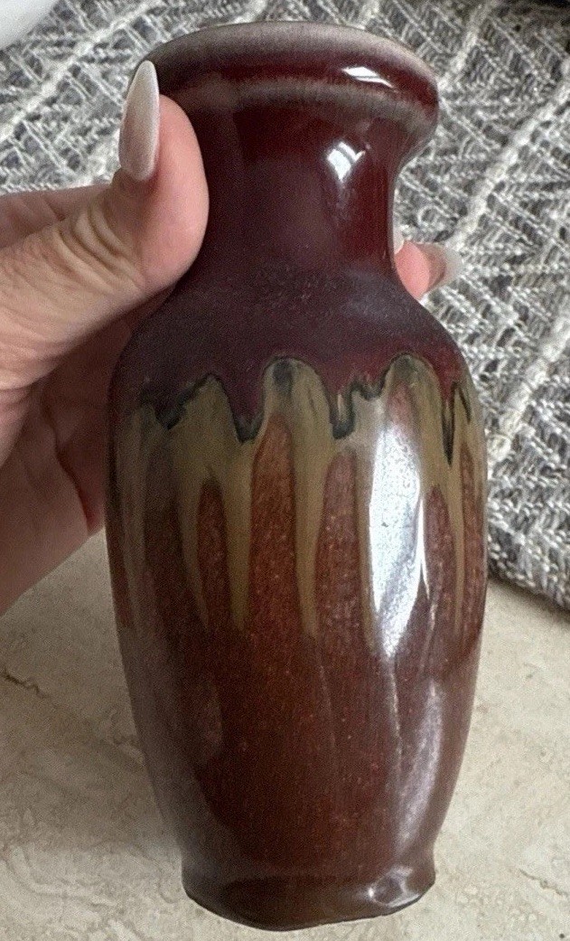 Vintage Hosley Pottery 7” Brown Red Drip Glaze Vase MCM USA Mid Century Decor