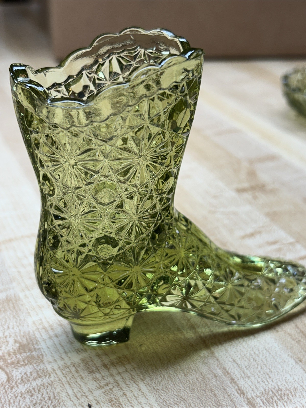Fenton Colonial ~ Green ~ Daisy And Button Pattern ~ Leaf Shape Dish ~ and Boot