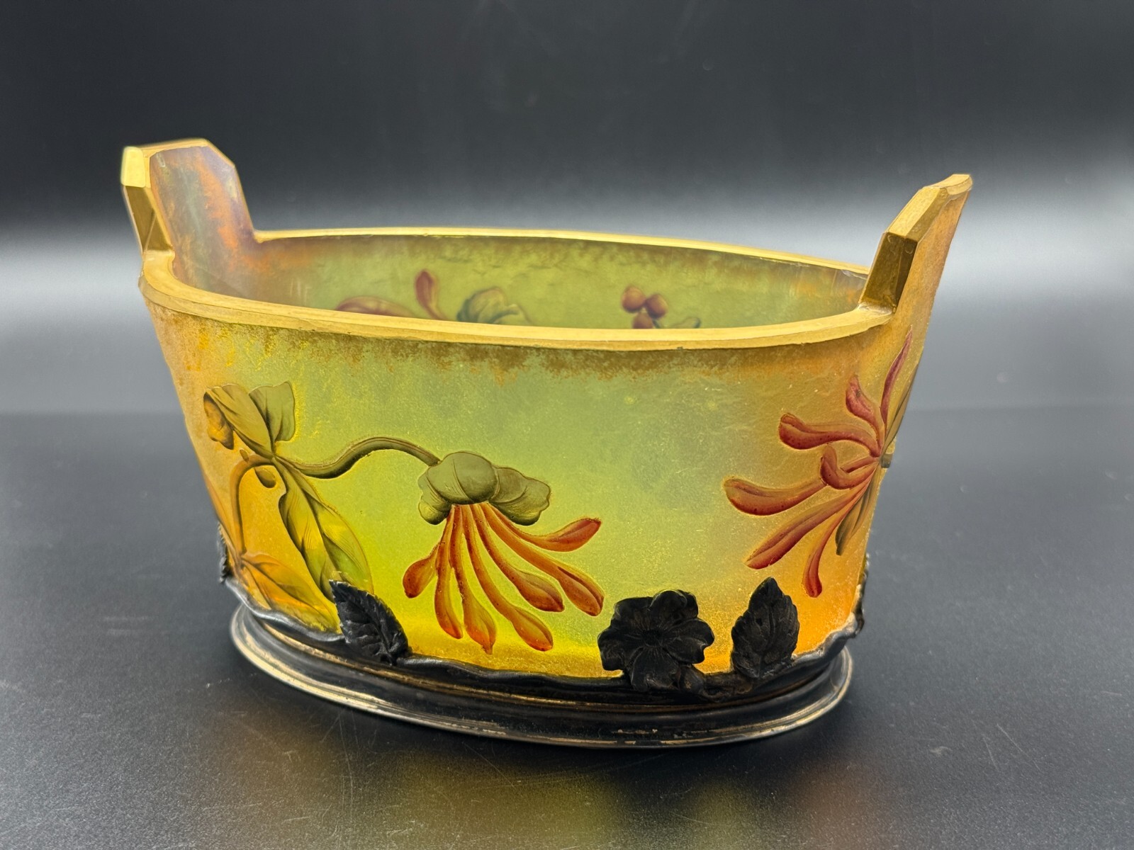 AMAZING Daum Nancy Acid Etched Cameo Glass Ovate Jardiniere With Honeysuckle