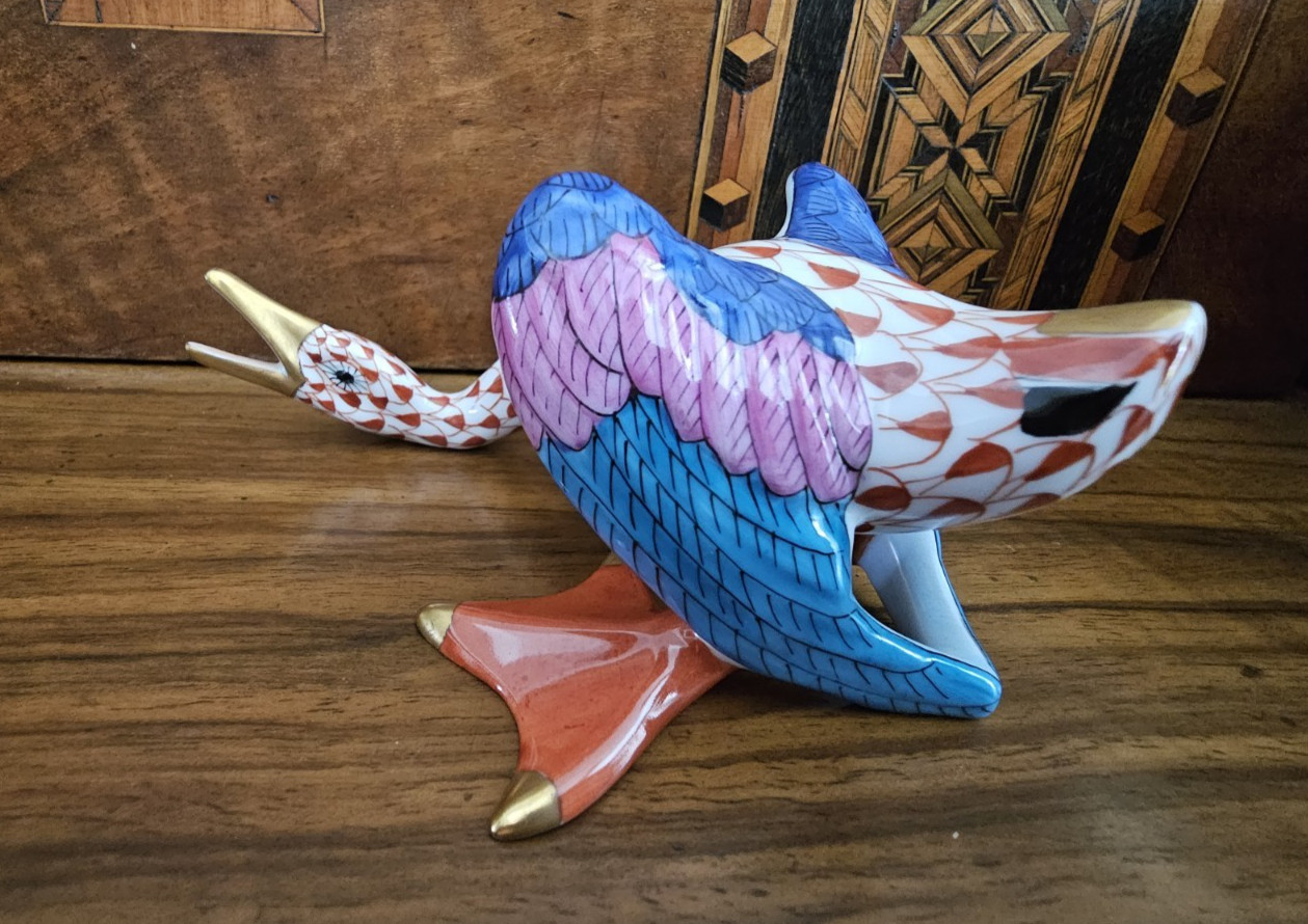 Herend Porcelain Figurine Wild Honking Goose Rust Fishnet Retired Hungary #5052