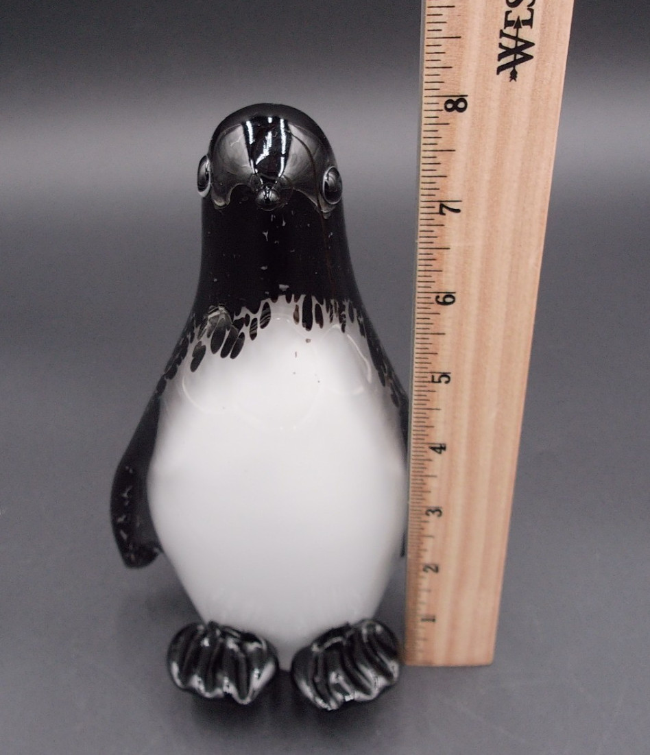 Hand Blown Art Glass Penguin Black White 8″ Tall Figurine