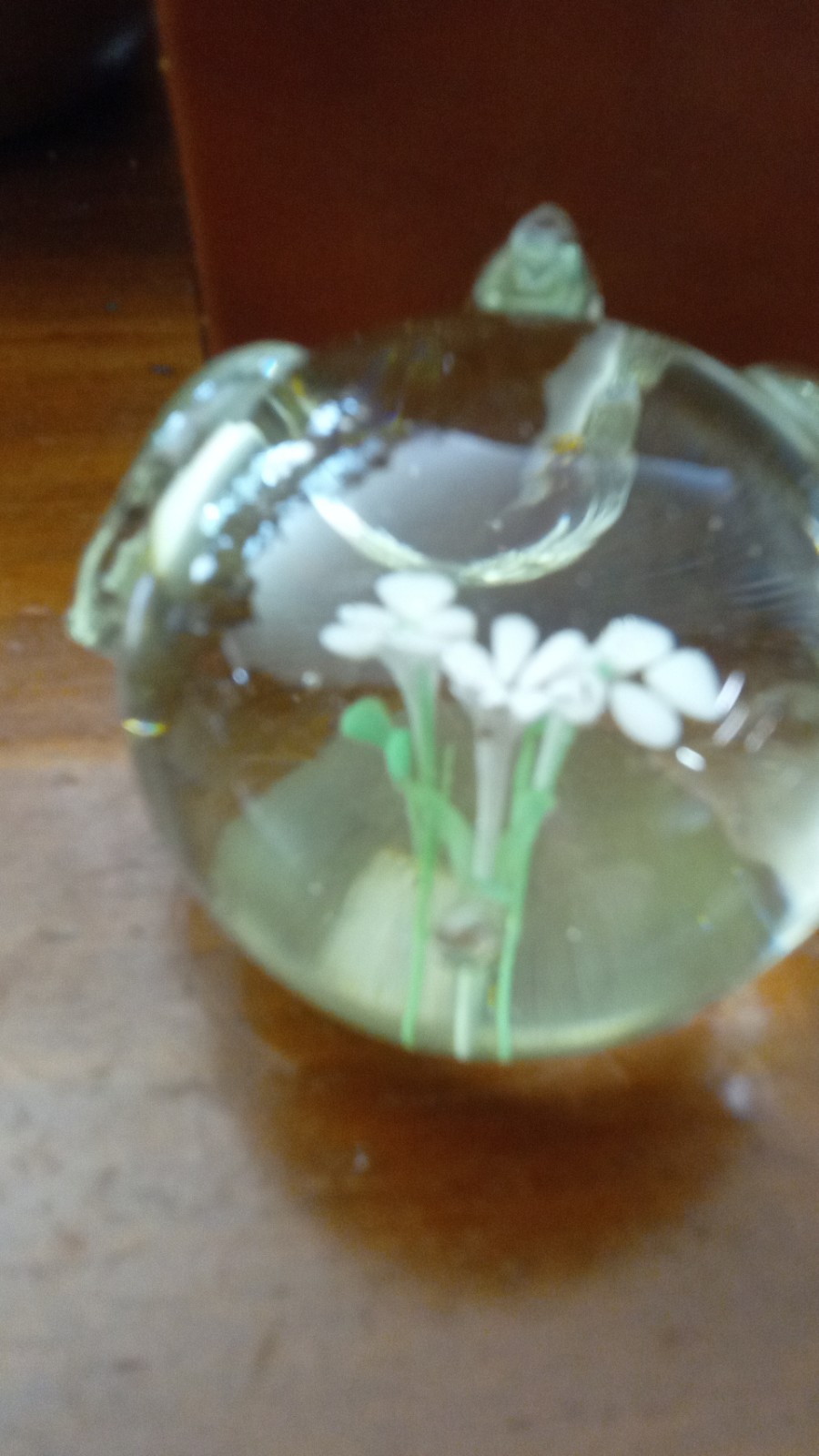Glass Lampwork Floral Paperweight Clear White Green Glossy Decorative Art