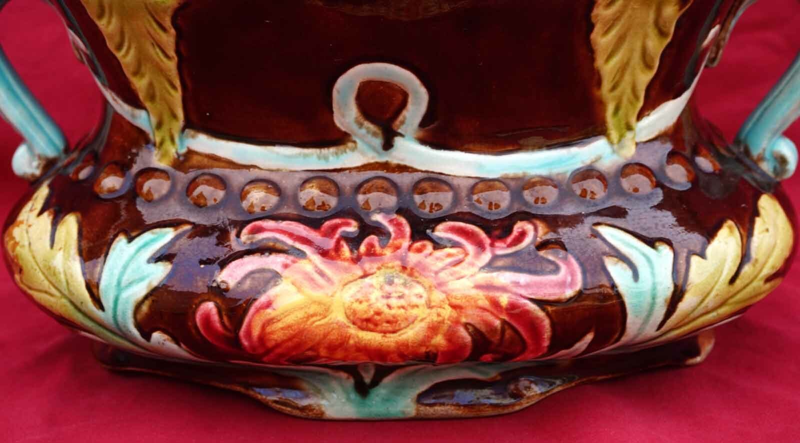 Sarreguemines French Majolica Jardiniere Flower Pot Dahlia Early 20th C