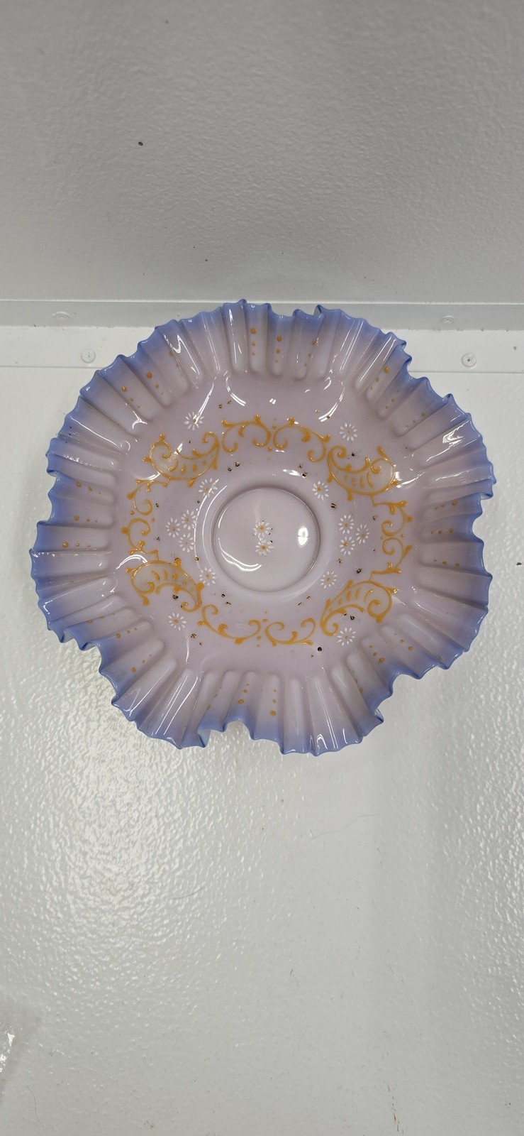 Antique Victorian Opalescent Art Glass Ruffled Bowl Lavender Blue Gold Floral