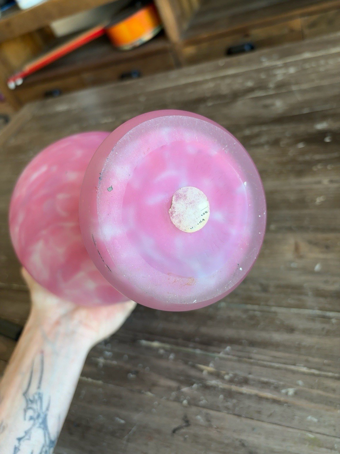 Vintage Kamei Osaka Art Glass Vase 12” Pink White Swirl Frosted Handles