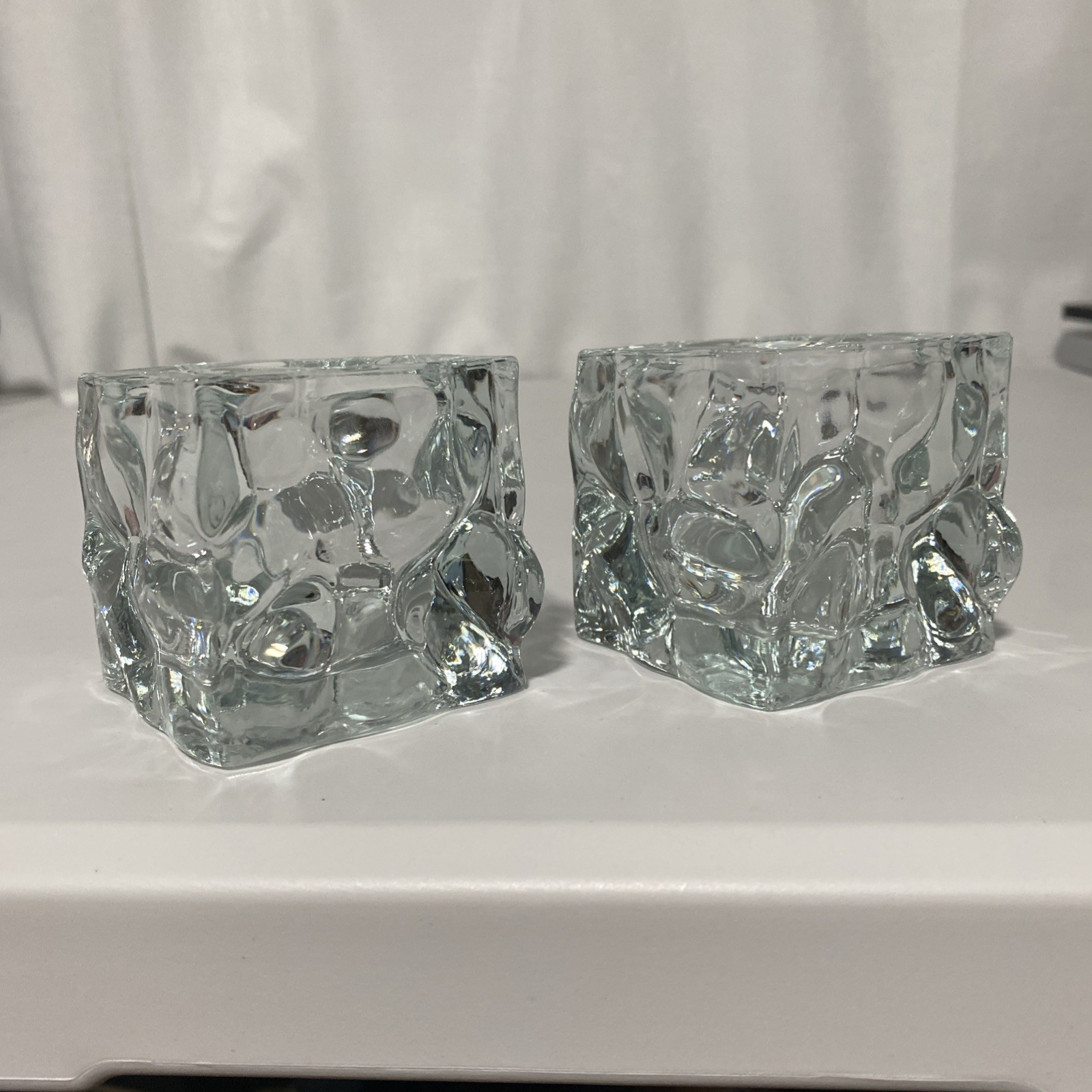 Indonesia KIG Heavy Ice Cube Square Crystal Votive Candle Holders Set Of 2