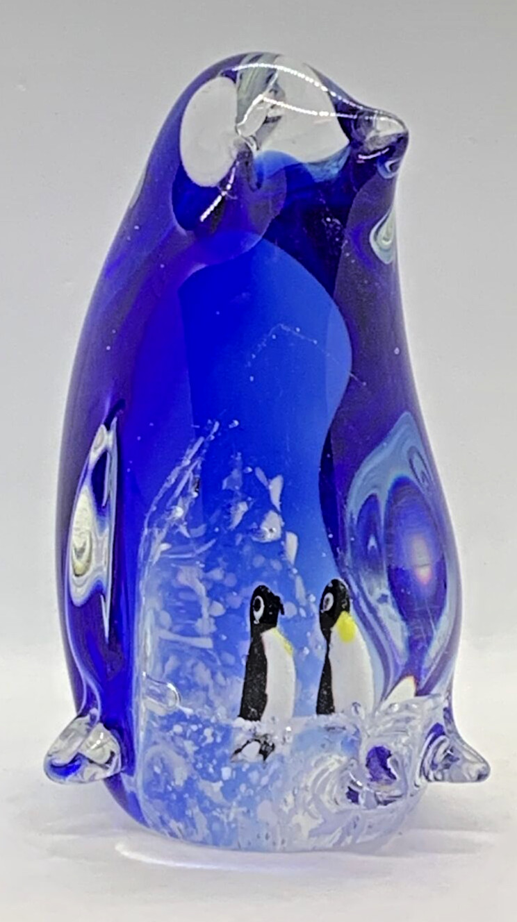 Penguin Paperweight Art Glass Baby Penquins Inside Cobalt Blue Murano Style 8 In