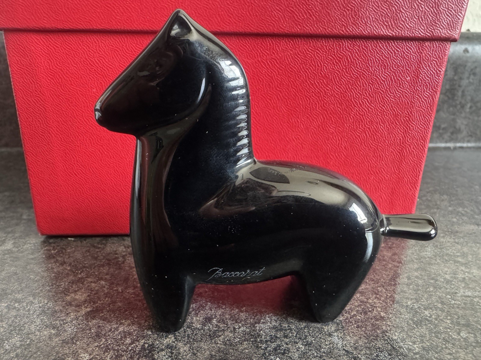 Baccarat Crystal Horse Black Stallion Figurine w/ Box Acid Etched Signed France