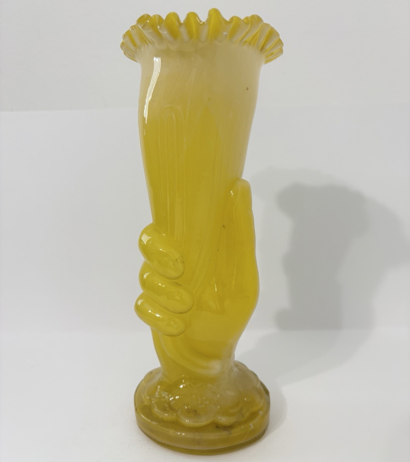 Antique Victorian Mold Blown Yellow Cased Glass Hand Pulpit Vase Ruffled Trim