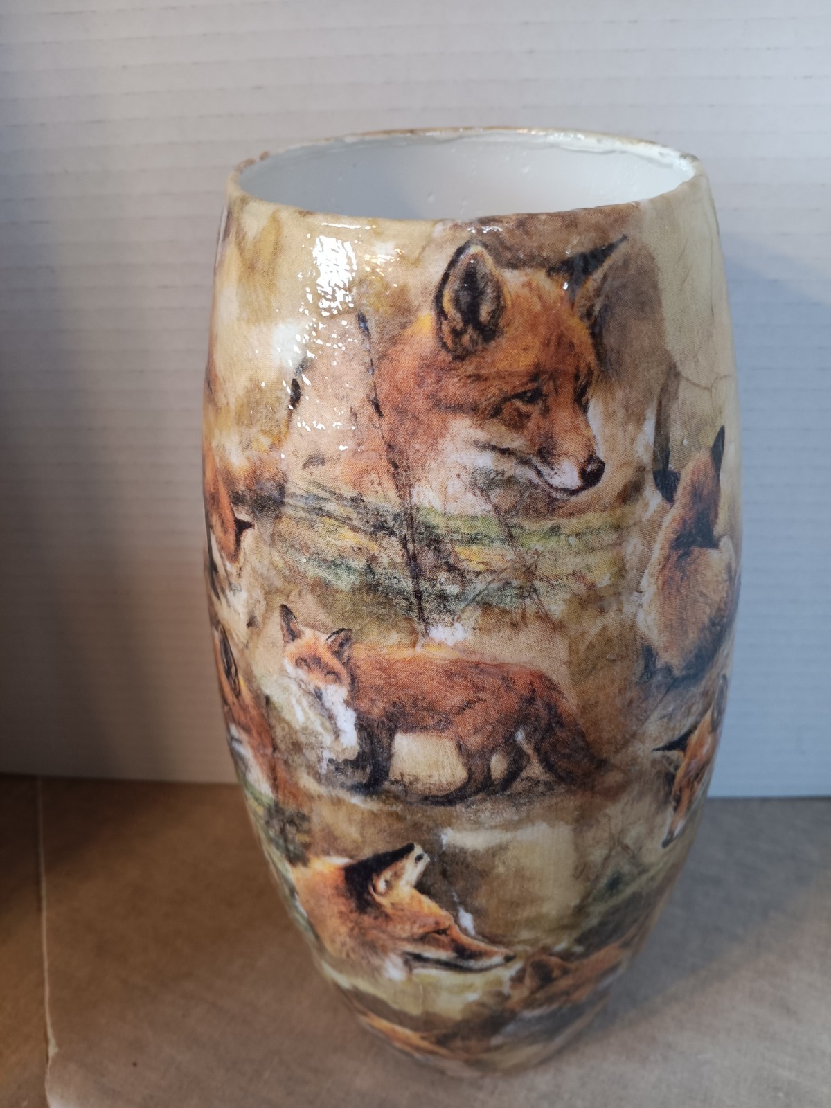 DECOUPAGED RED FOX GLASS 10 1/4” VASE, MADE BY ME
