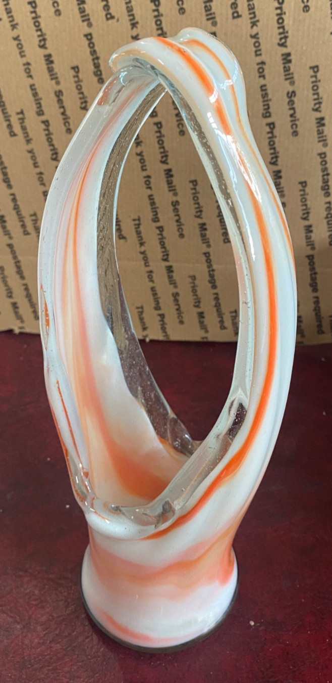 Vtg Handblown Stretch Art Glass Basket Vase Orange White Swirl 11.5″