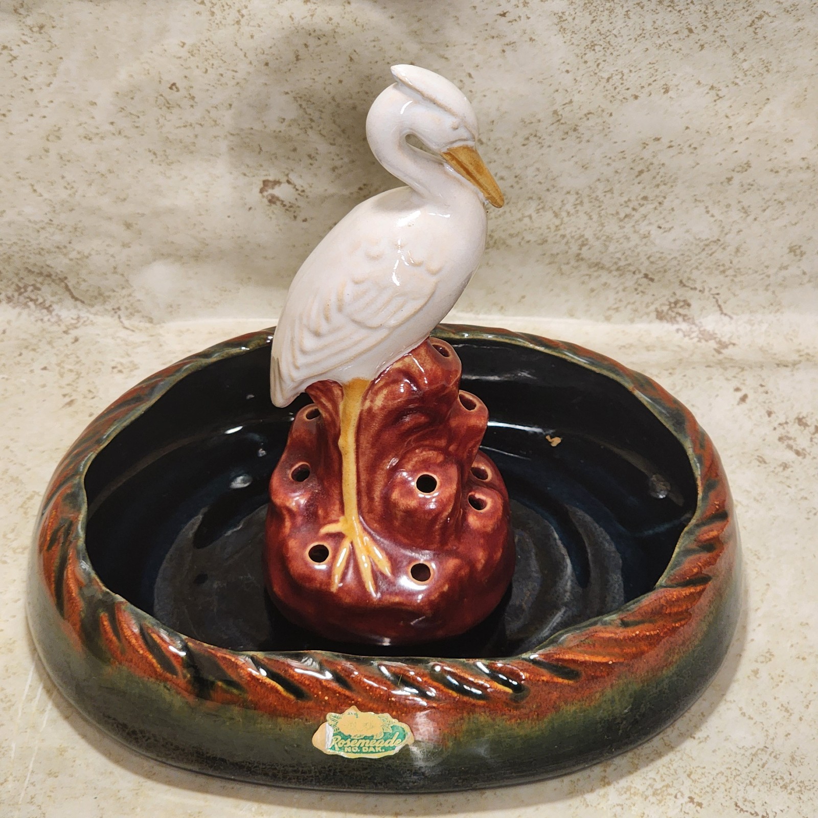 ROSEMEADE Art Pottery FLOWER BOWL 8″ with Crane 6.75″ North Dakota – Rare