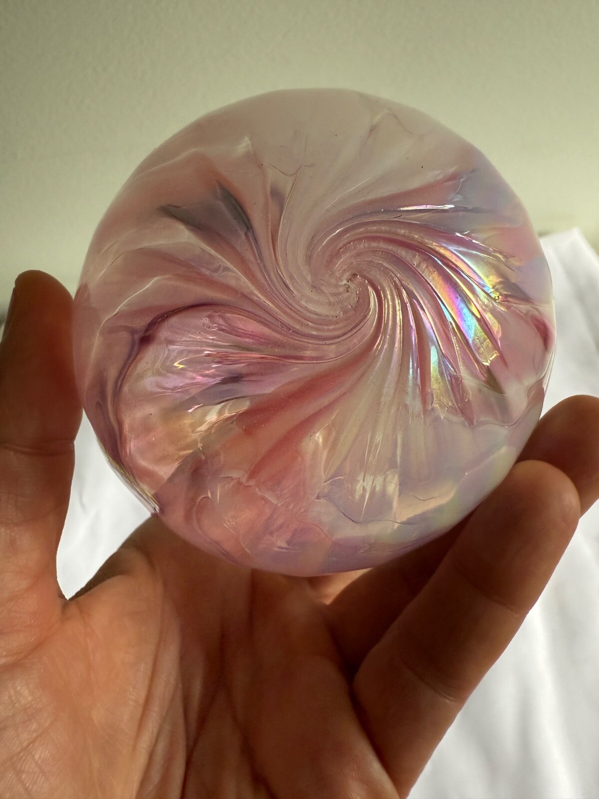 Hand Blown Art Glass Ball approx. 4” Suncatcher Pink Swirl ornament