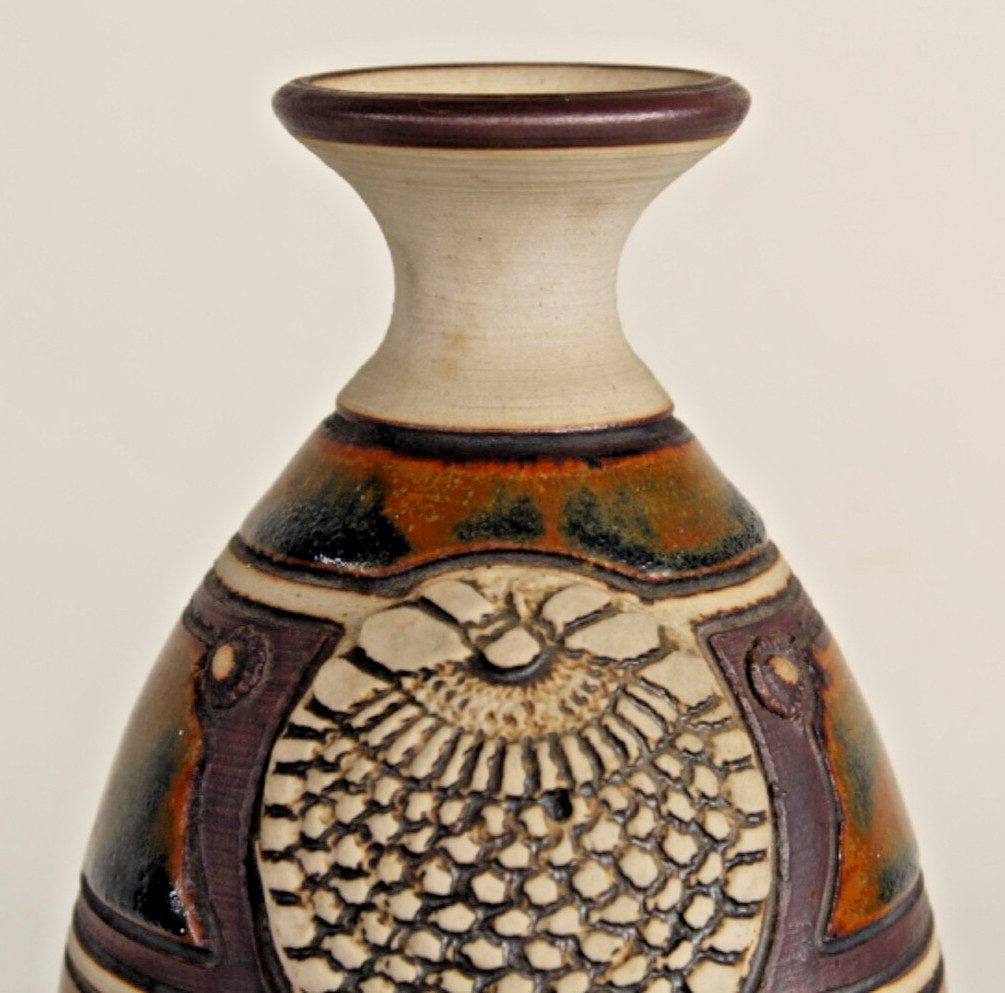 Original Art Pottery Vase Signed Illegibly Modern Abstract Design Pottery Vase