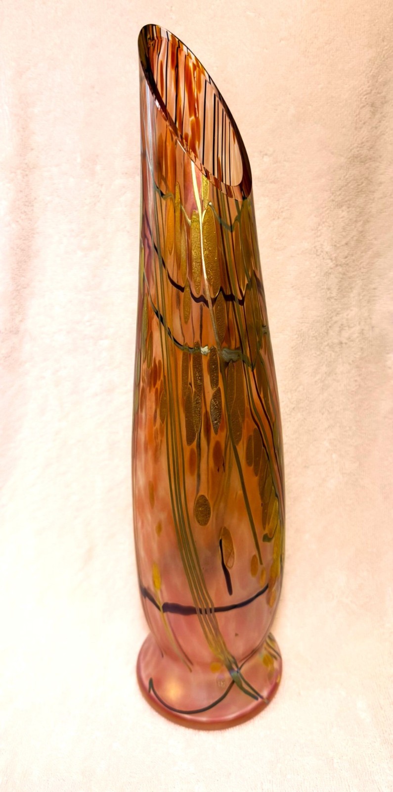 Vintage Tim Lazer 15″ Art Glass Vase, Mauve Pink Gold Irridescent, Signed 1994