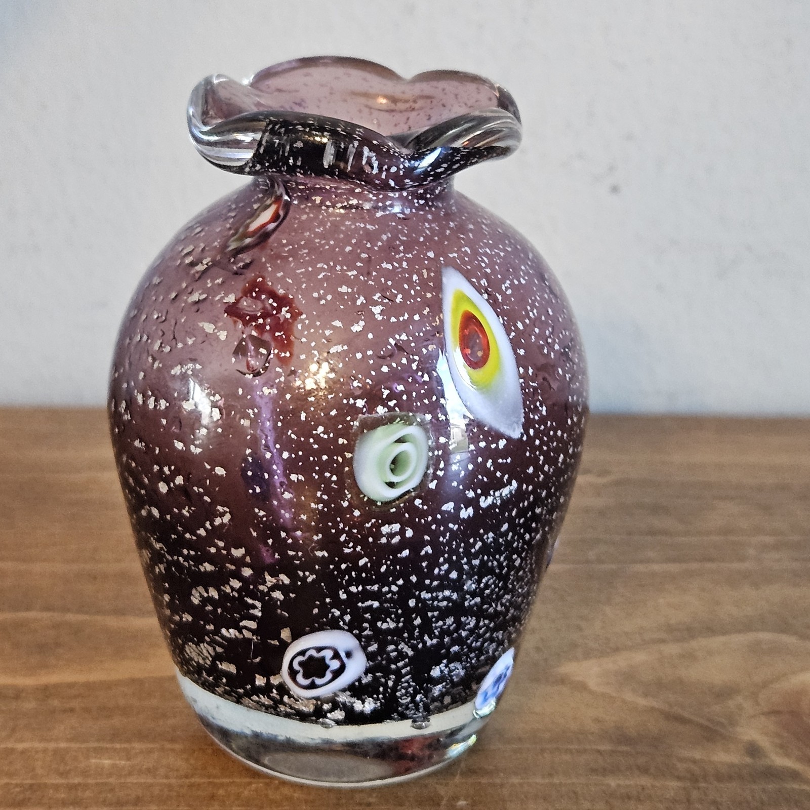 Vtg Murano Style small purple glass millefiori bud vase 3-3/8″ Height