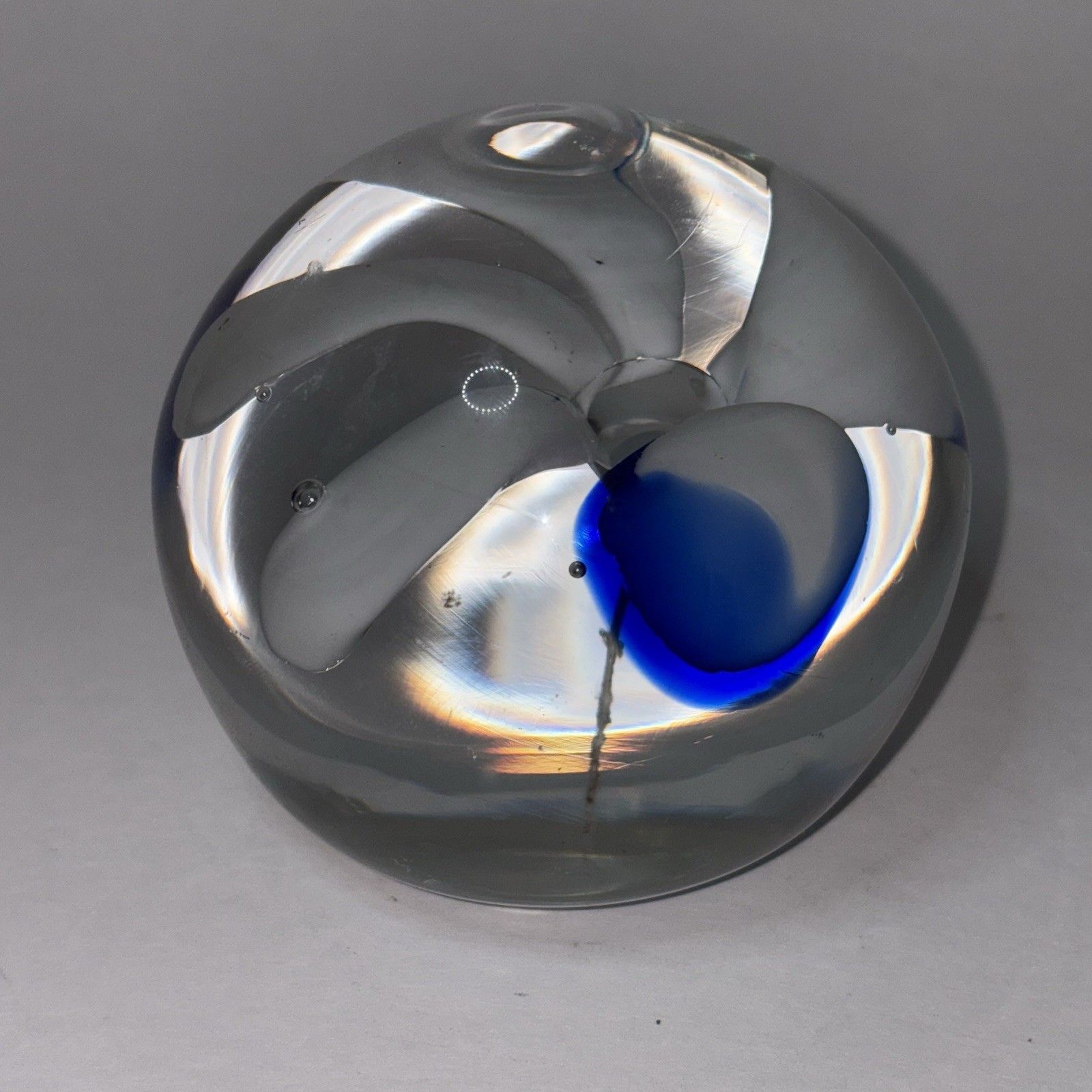 Glass Paperweight White and Blue Flower Clear Bottom 3”x3”