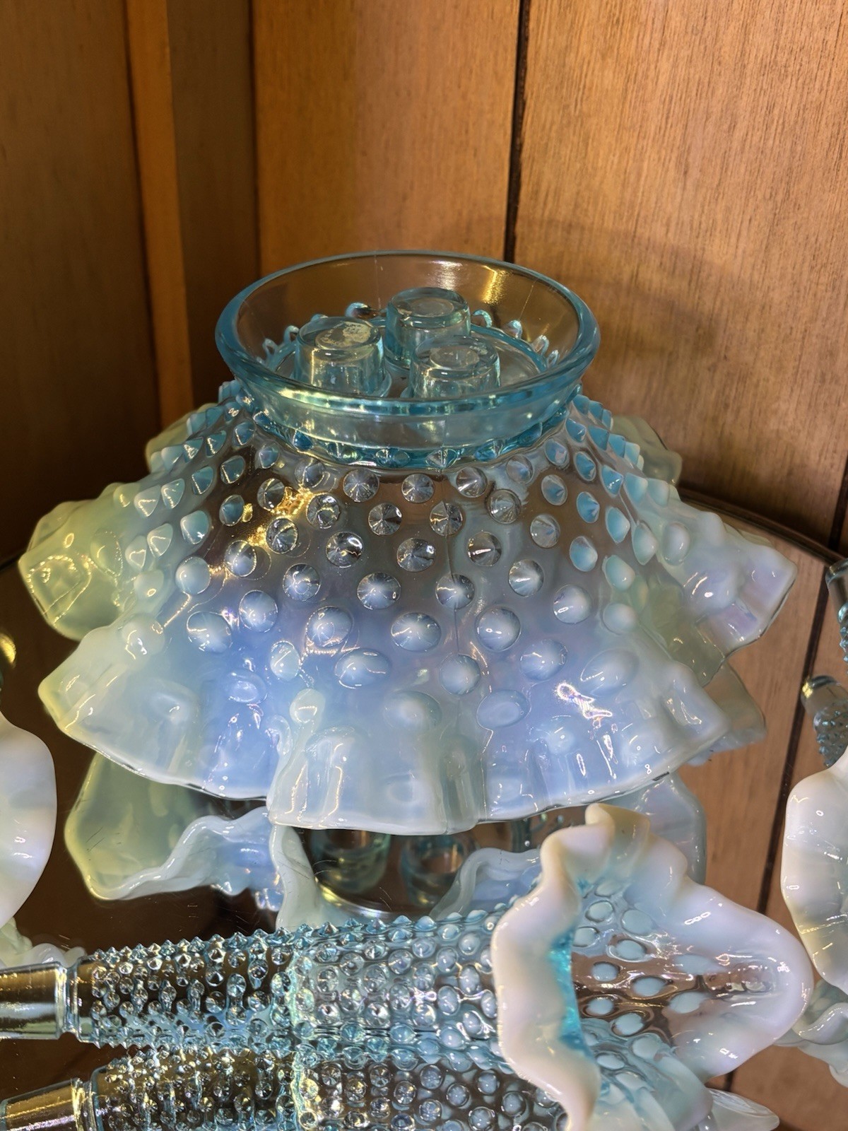 Vintage Fenton Art Glass Blue Opalescent Hobnail 3 Horn Epergne