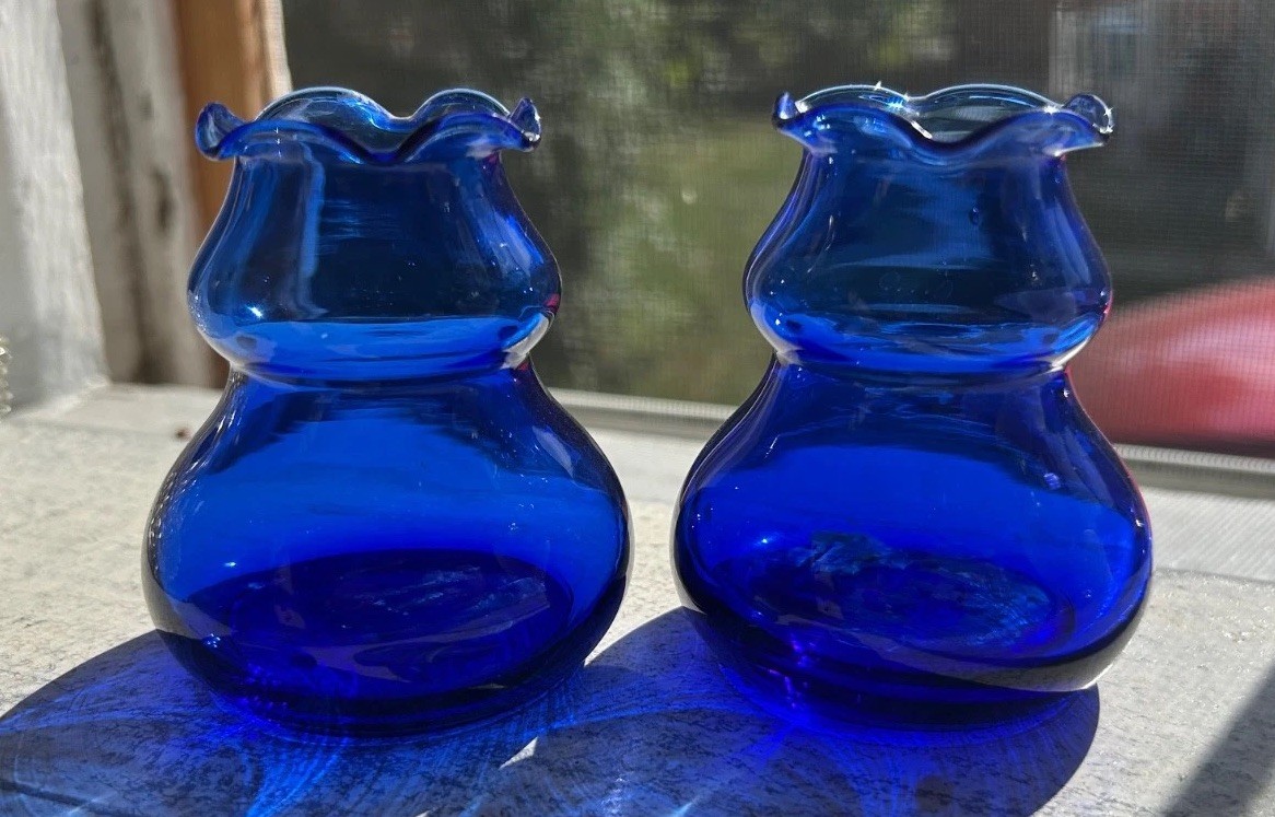 Vintage Cobalt Blue Sapphire Glass Vases/candle holders 3” Tall set of 2