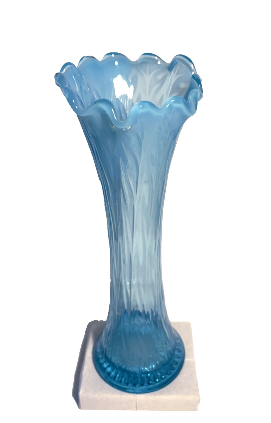 Jefferson Blue Aqua Opalescent Glass Heatherbloom Swung 11″ Vase Intro 1905