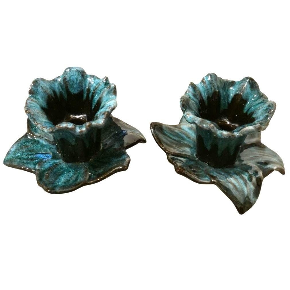 Vintage Pottery Candlestick Holders Daffodil Black turquoise Drip Glaze set of 2