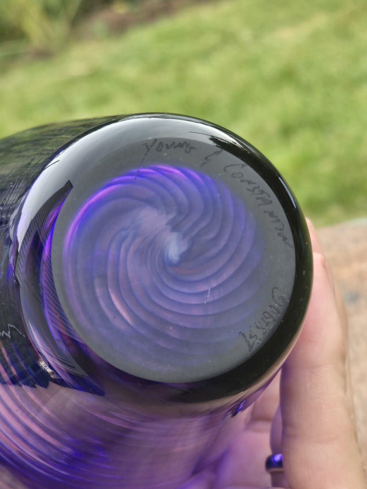 Young & Constantin Signed Art Glass Vase Purple Blue Swirl Hand Blown 9″ Studio