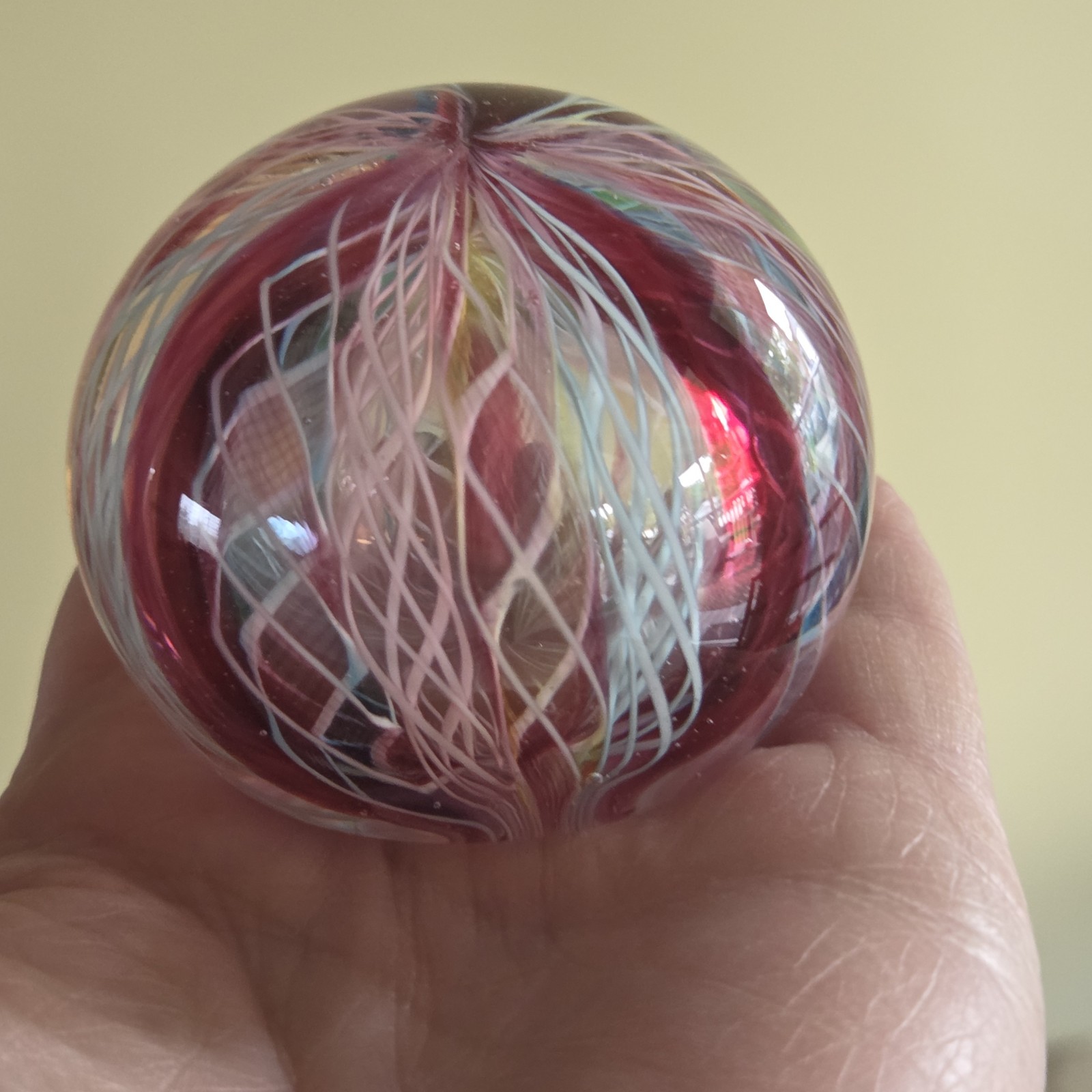 Vintage Latticinio Ribbons Murano Hand Blown Art Glass Paperweight 2.25″