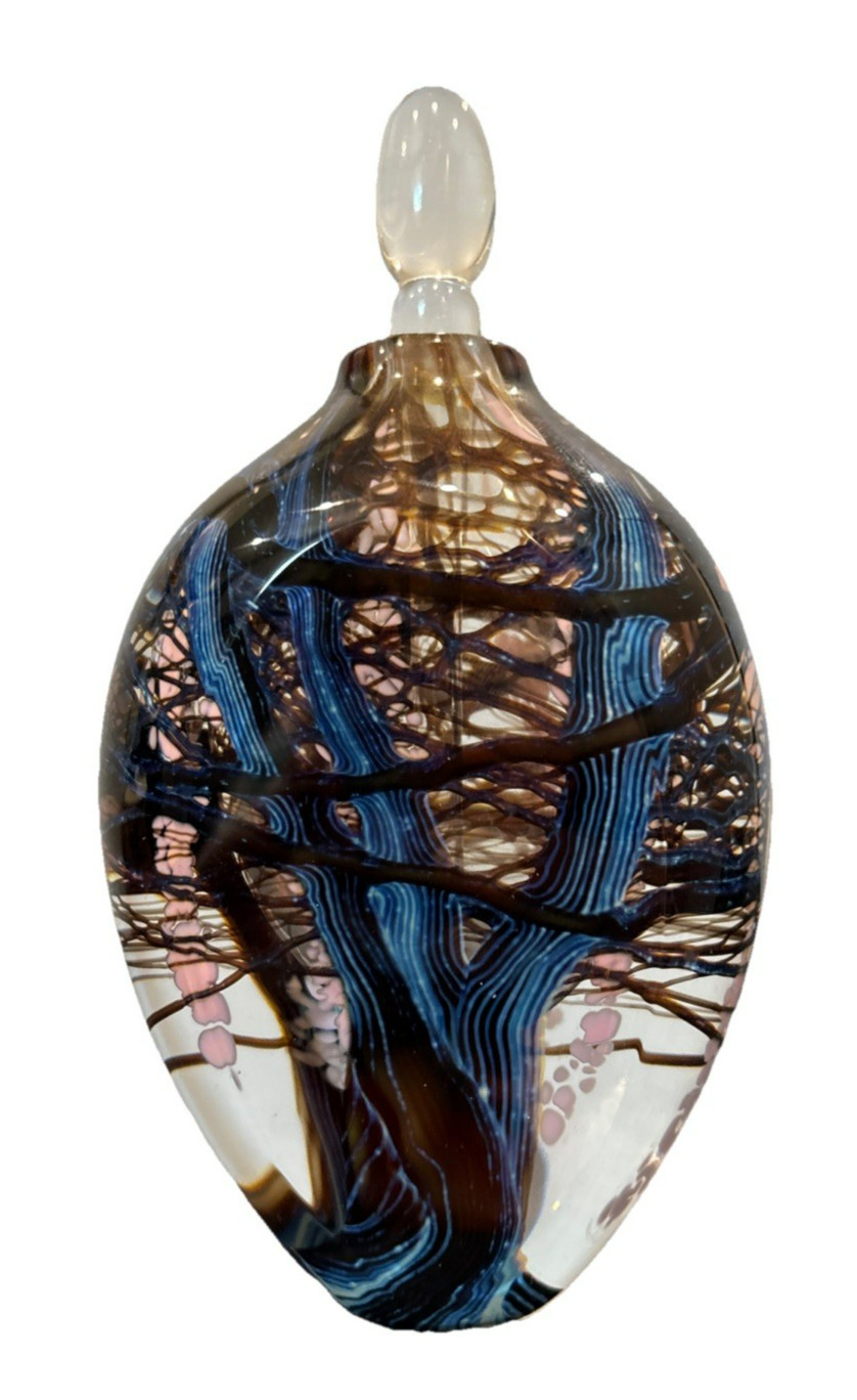 Satava 6 1/2″ Wisteria Tree w/ Pink Flowers Glass Perfume Bottle 1990 Signed