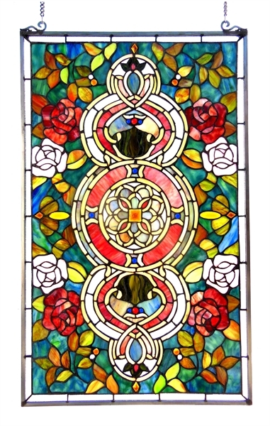 Stained Glass Window Panels 2 ea Floral Medallion Design 20″ X 32″ MATCHING PAIR