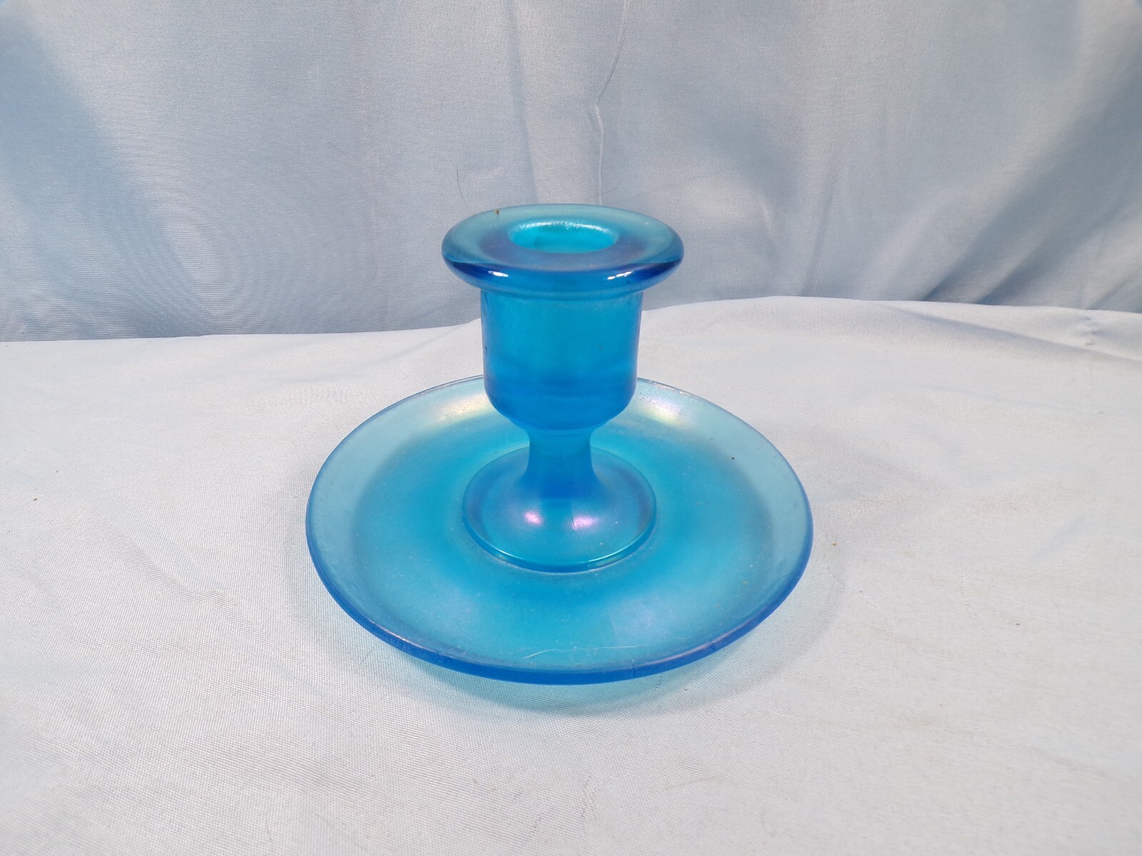 Vintage Blue Stretch Glass Candlestick Candle Holder 2 7/8″ Tall INV4