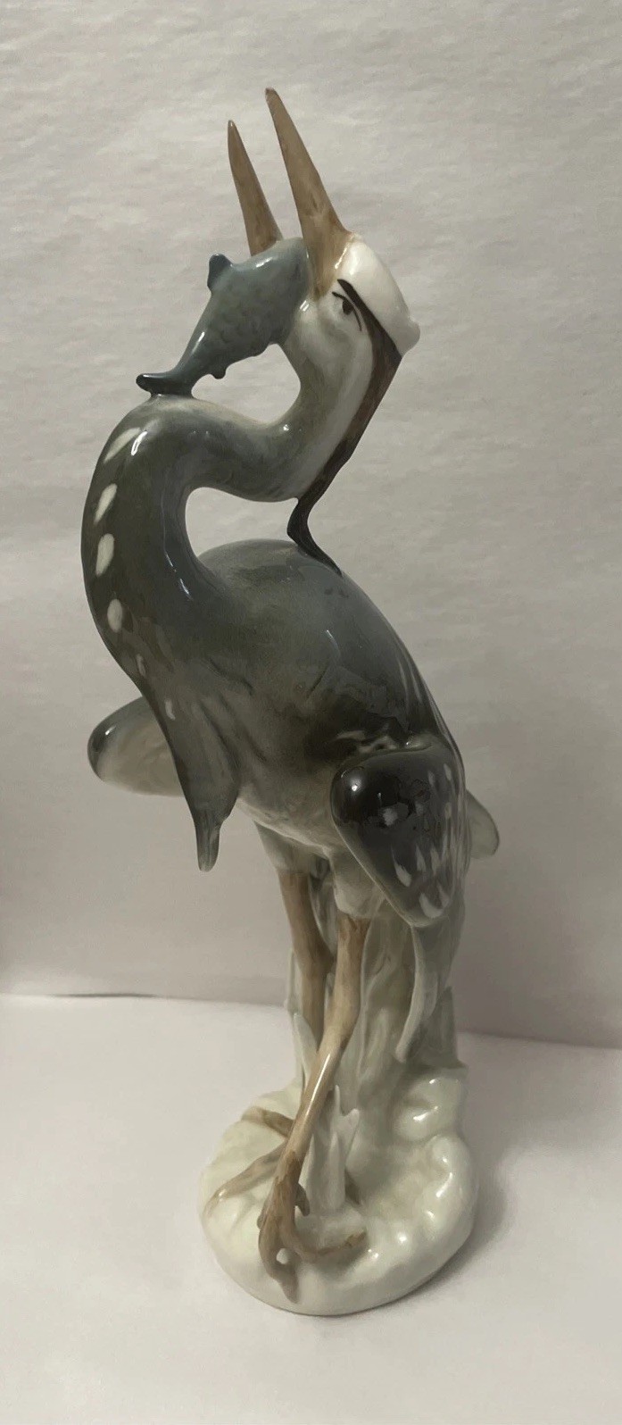 Vintage Royal Dux Heron Crane Bird In Reeds With Fish Porcelain Figurine/Statue