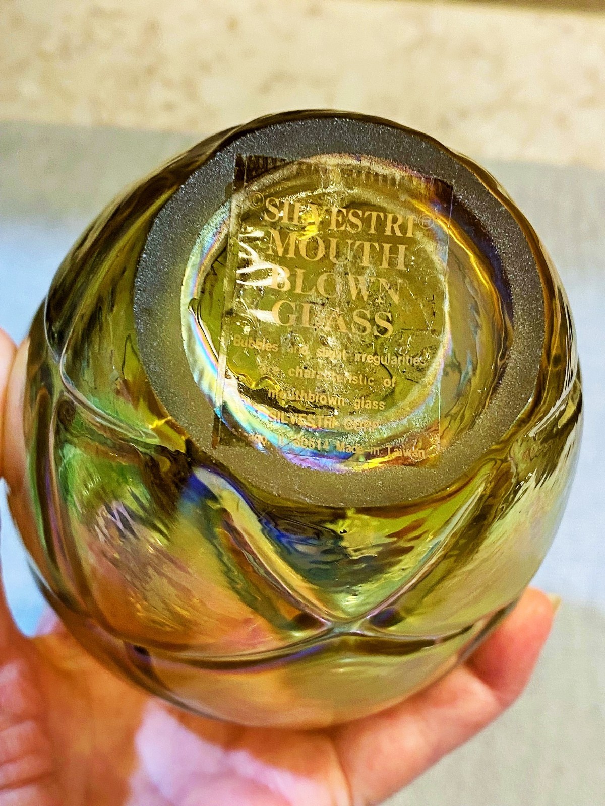 Silvestri Mouth Blown Iridescent Glass Vase Copper Cuff Brutalist Italian 10.5″
