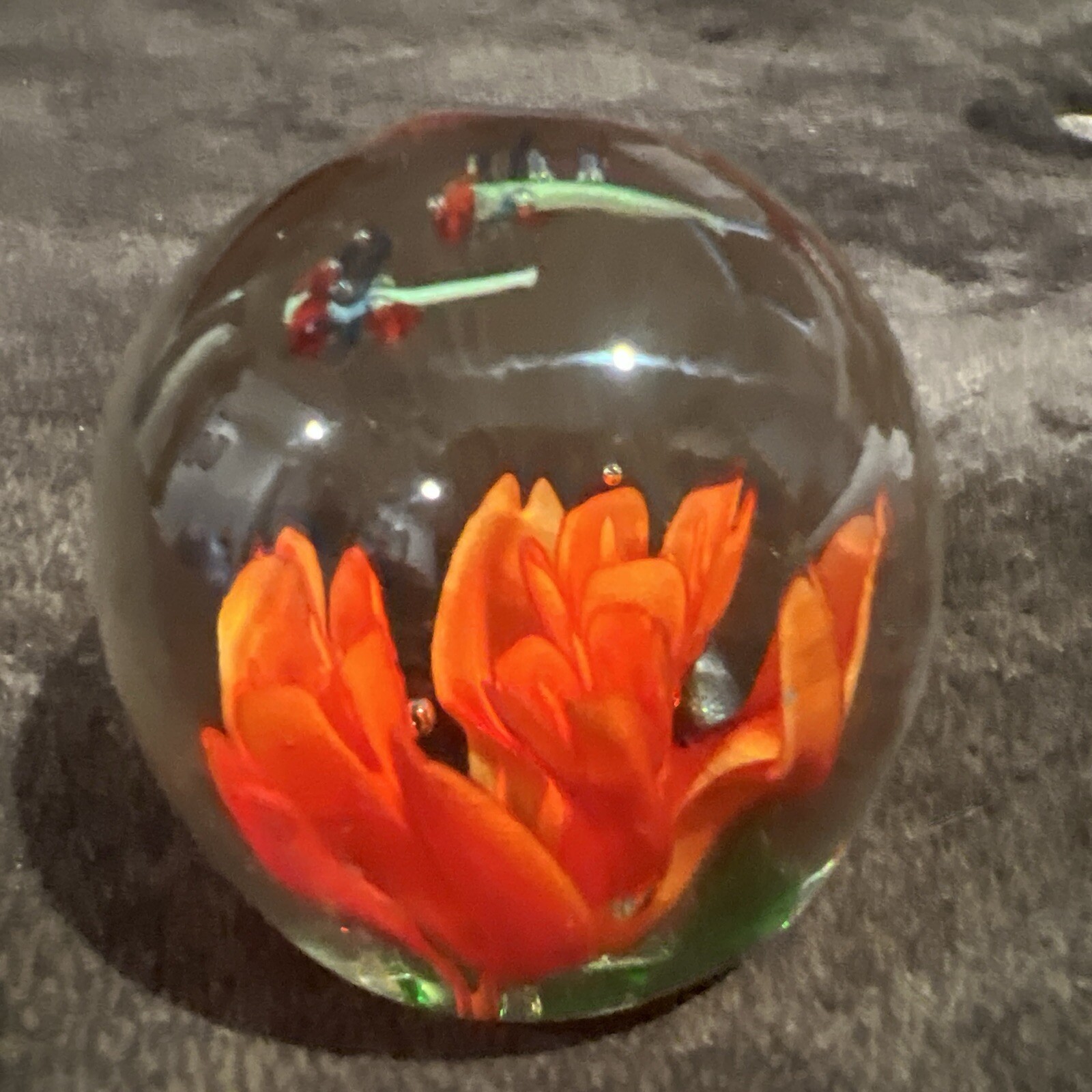 Blown Glass Globe Paperweight Orange Red Lilly Flower Flying Dragonfly Insect