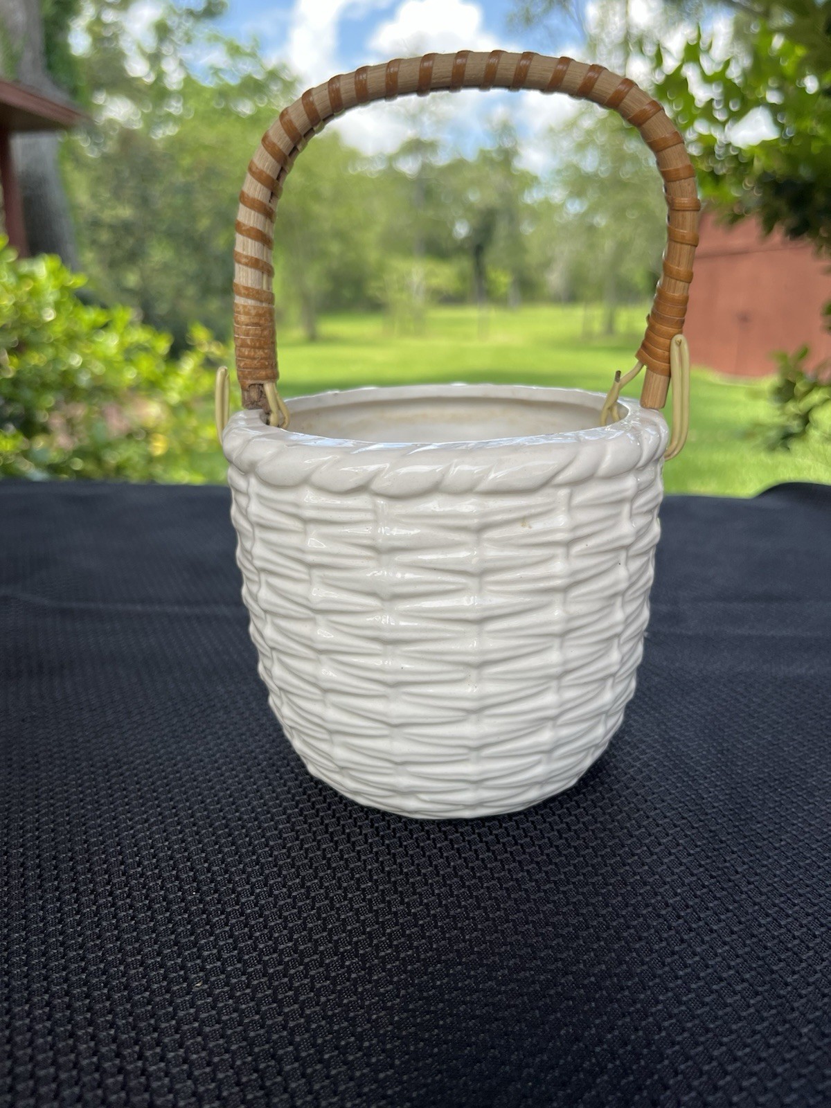 White Cottagecore Basketweave Glazed Ceramic/Rattan Planter/Japan/ Farmhouse