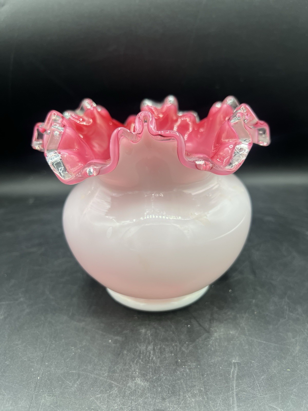 Vintage Fenton Peach Crest White Cased Rose Bowl Vase Pink Interior Ruffled Rim