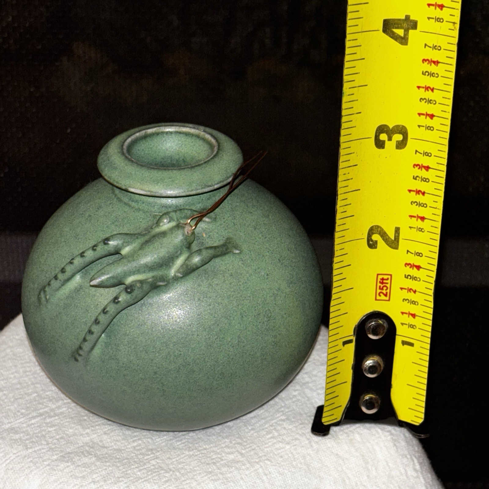Vtg Unique Rare Pottery Bud Vase Inkwell 3D Cricket Asian Signed Green 3”