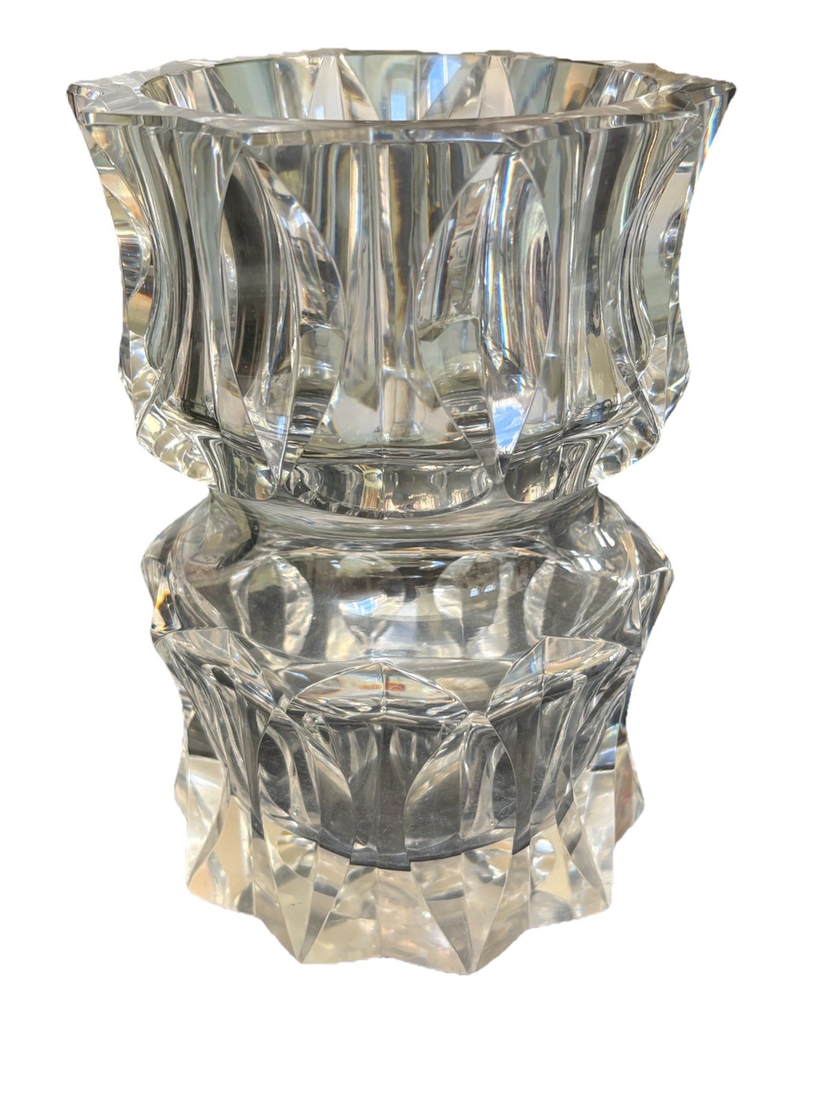 Mid Century Geometric Crystal Vase Signed 8.25 In