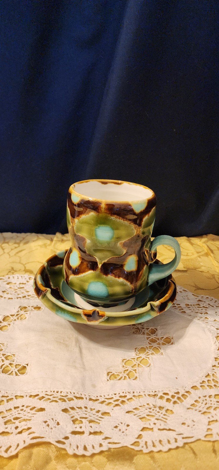 Studio Pottery By Ceramist Artist Thad A Drip Glaze Blue Green Brown Mug/Saucer