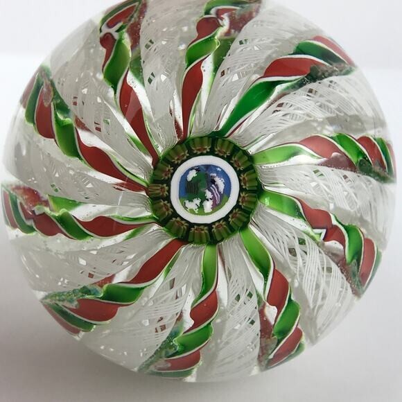 Perthshire 1985 Christmas Crown Shepherd and Sheep Latticinio Twist Paperweight