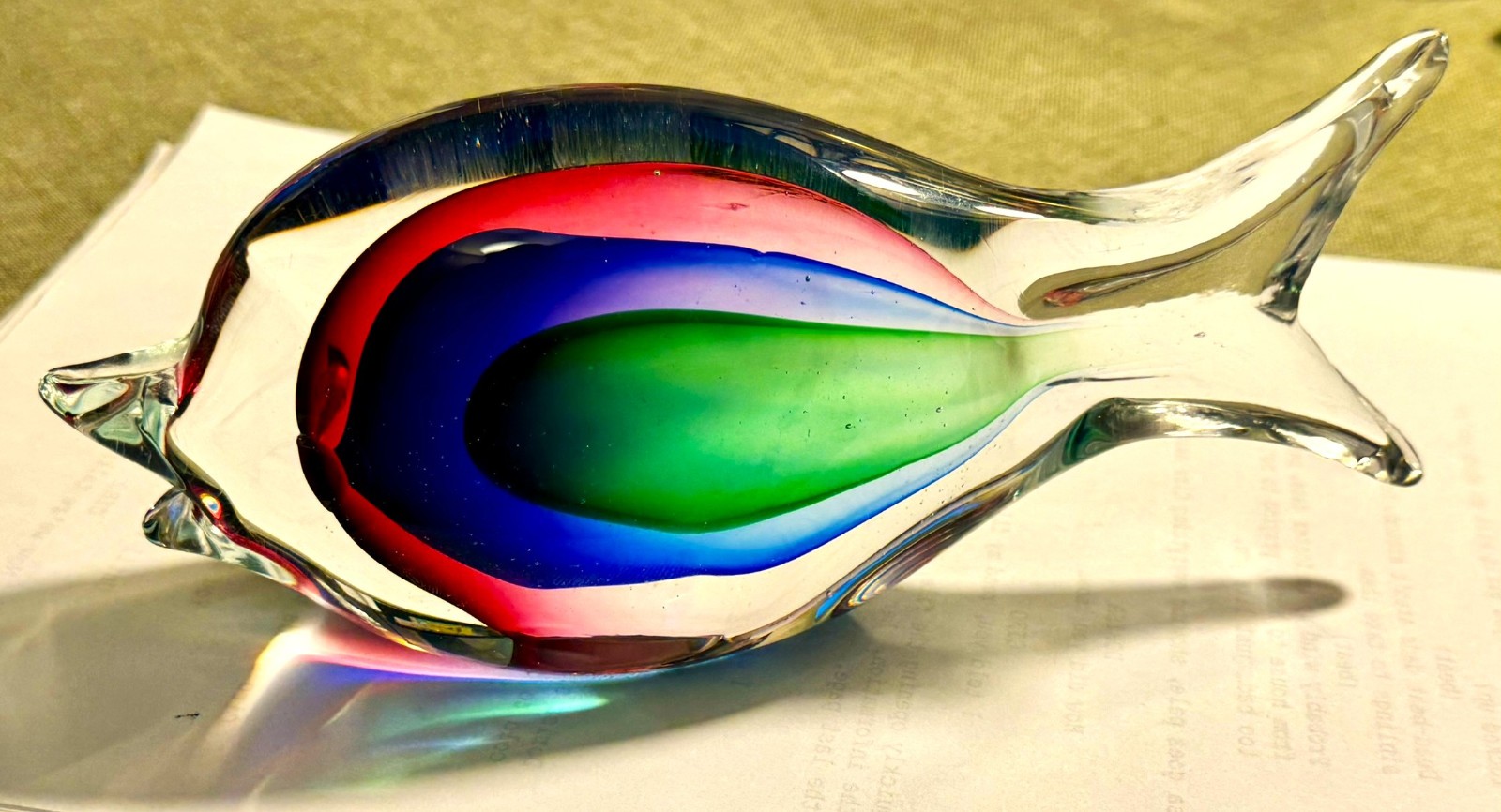 Vintage Hand Blown Sommerso Glass Murano Style Fish, Red Blue Green, 7.5″ x 3.5″