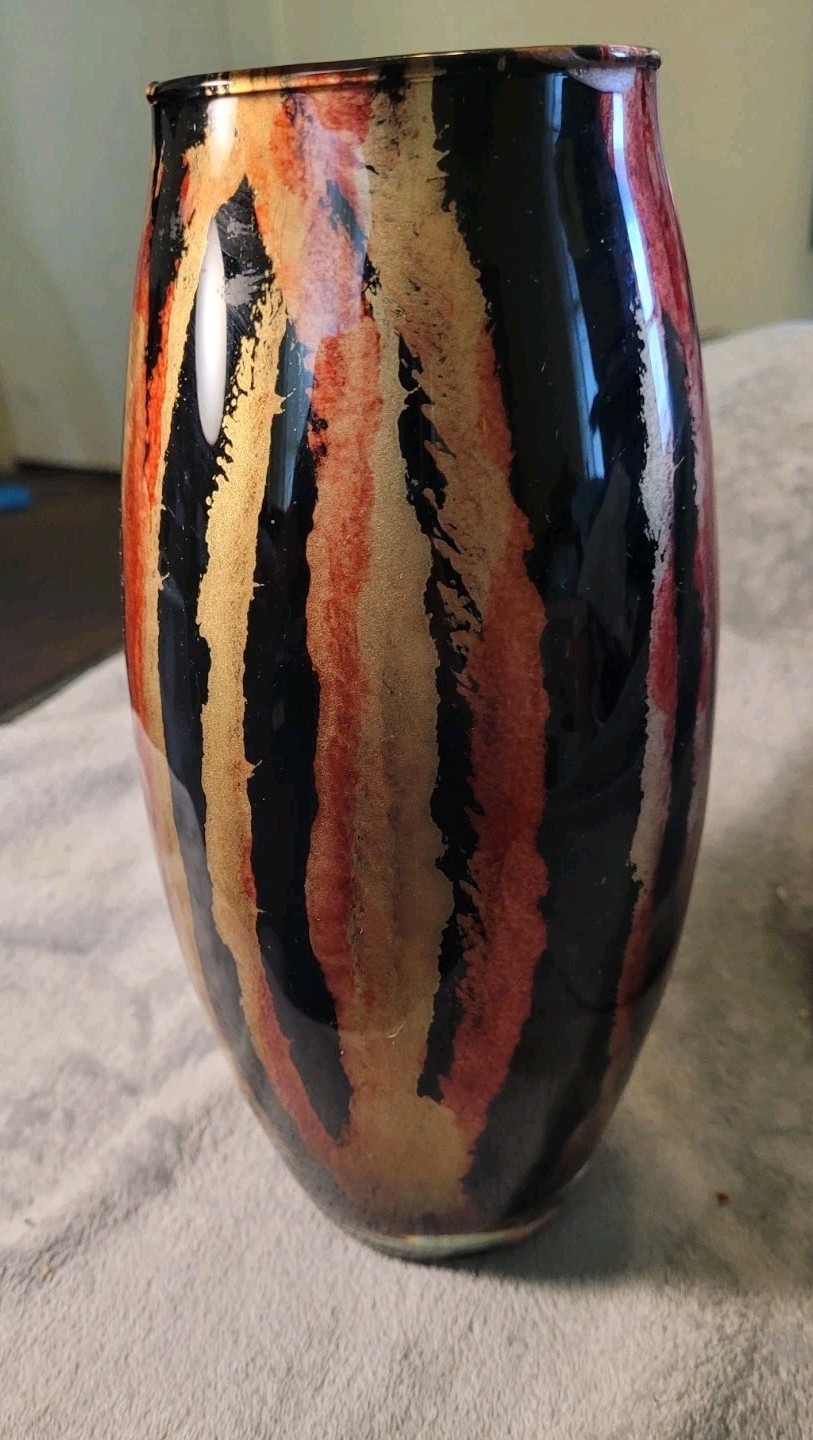 Metallic Red Black & Gold Multicolored Vase 10.5in