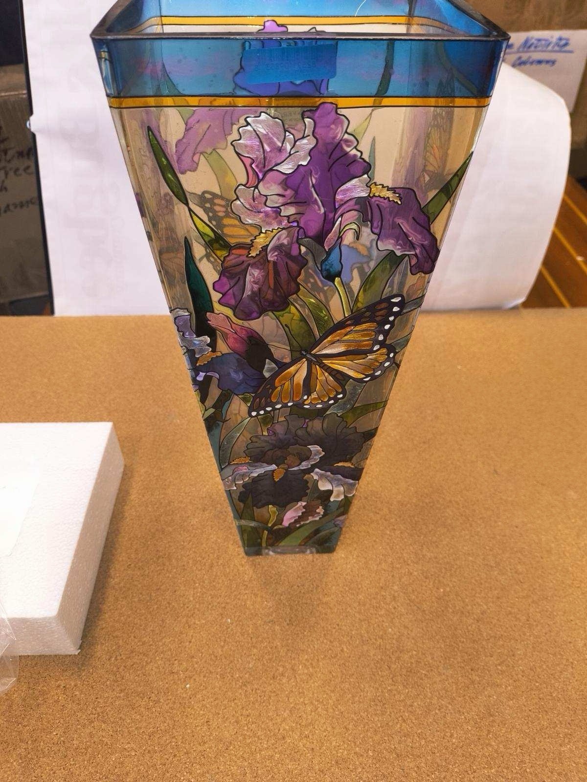 Amia Studios Hand Painted Art Glass Vase Iris Floral & Butterfly 12in