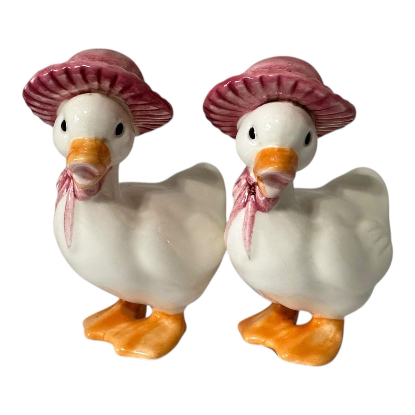 Lot Of 2 Vintage Enesco Duck Figurines Wearing Sun Hat Hand Painted 4”