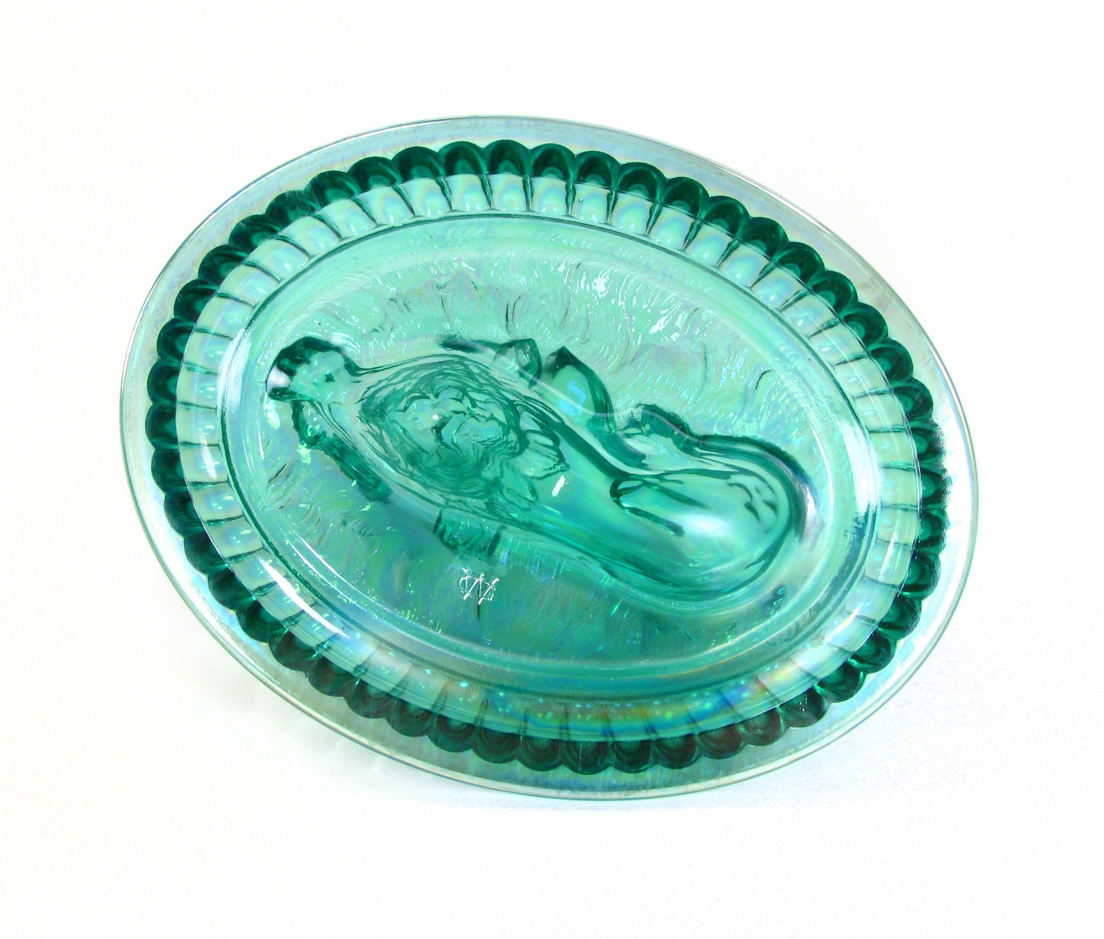Westmoreland Glass for Levay – Emerald Green Carnival Lion Covered Dish -c. 1978