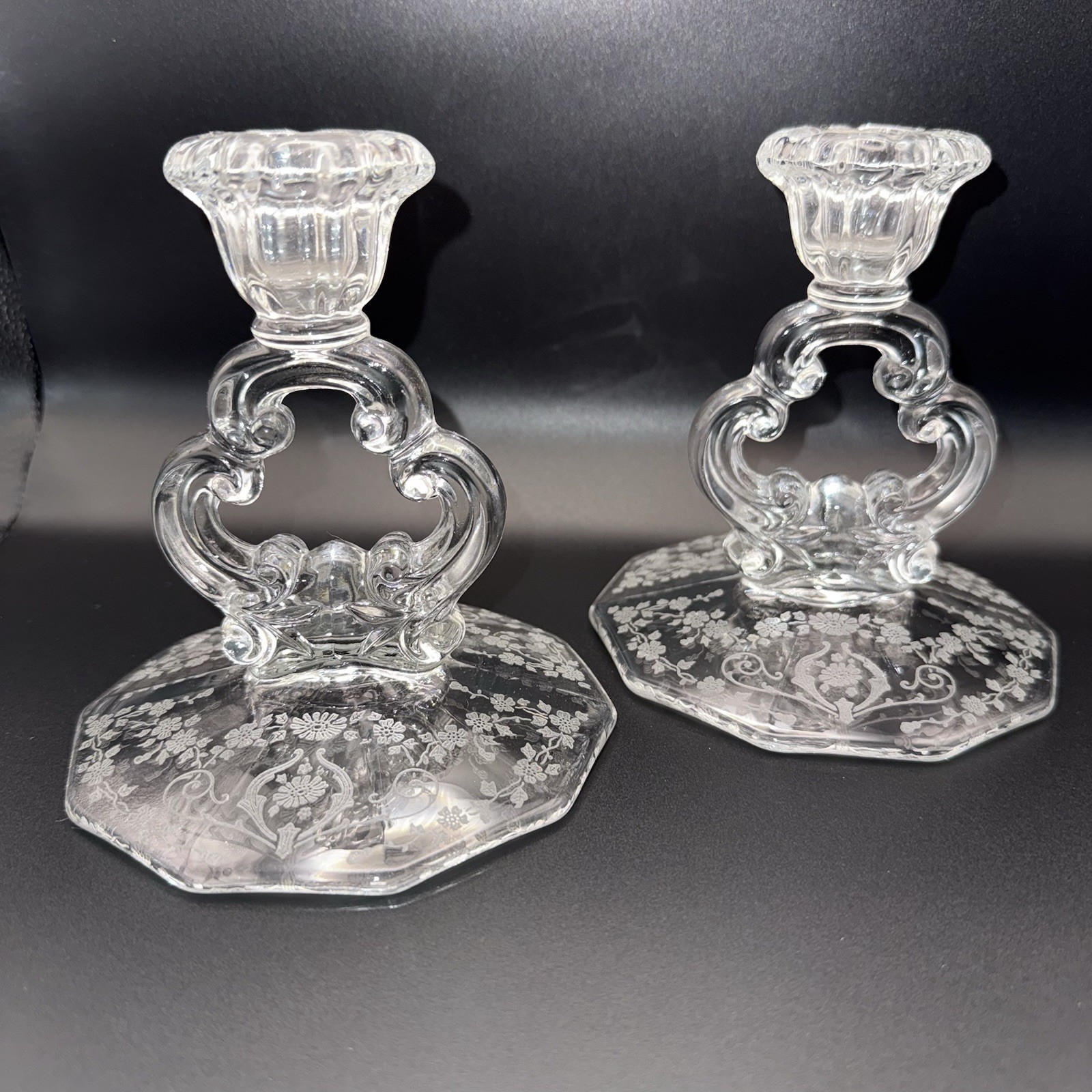 Cambridge Vintage Set- 2 Glass “Keyhole” Candlestick Holders & Bowl Diane Etched