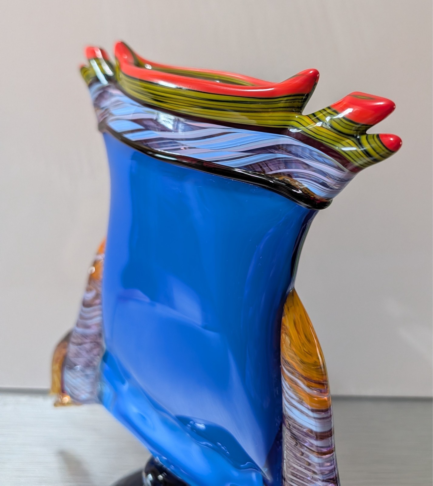 Large Peter Secrest Signed Art Glass Pedestal Vase: 10.25″, Memphis Style, 1997