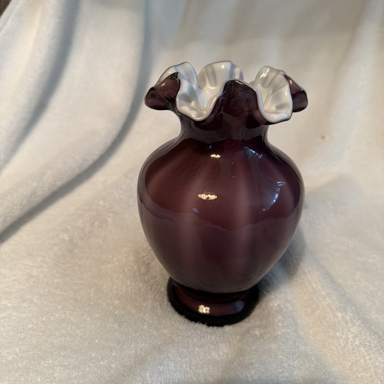 Vintage Fenton Glass Purple Overlay Glass Cased Vase Ruffled Edge Amethyst Swirl