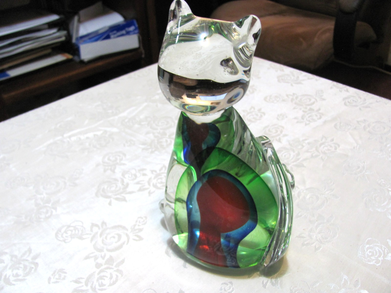 Large Murano Style Green. Red & Blue Sommerso Blown Glass Cat. Paperweight. Nice