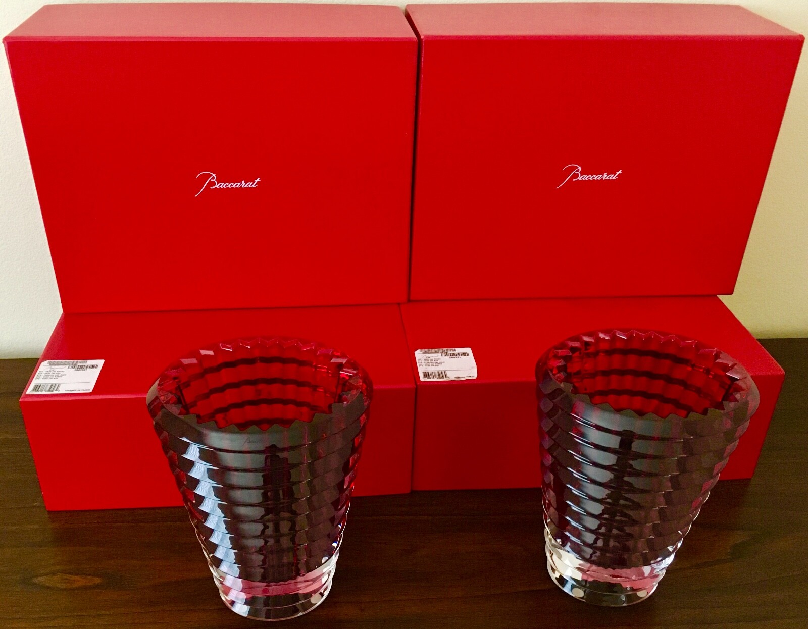 BACCARAT FRANCE ‘PAIR OVAL EYE VASES’ 9.25″T in CUT RED CRYSTAL W/ORIGINAL BOXES